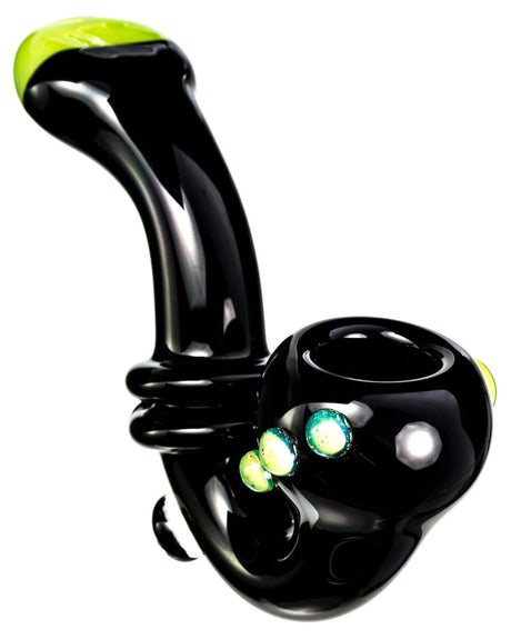 Black and Green Maria Ring Sherlock Hand Pipe by Valiant Distribution, 4.5" Compact Glass Spoon Pipe