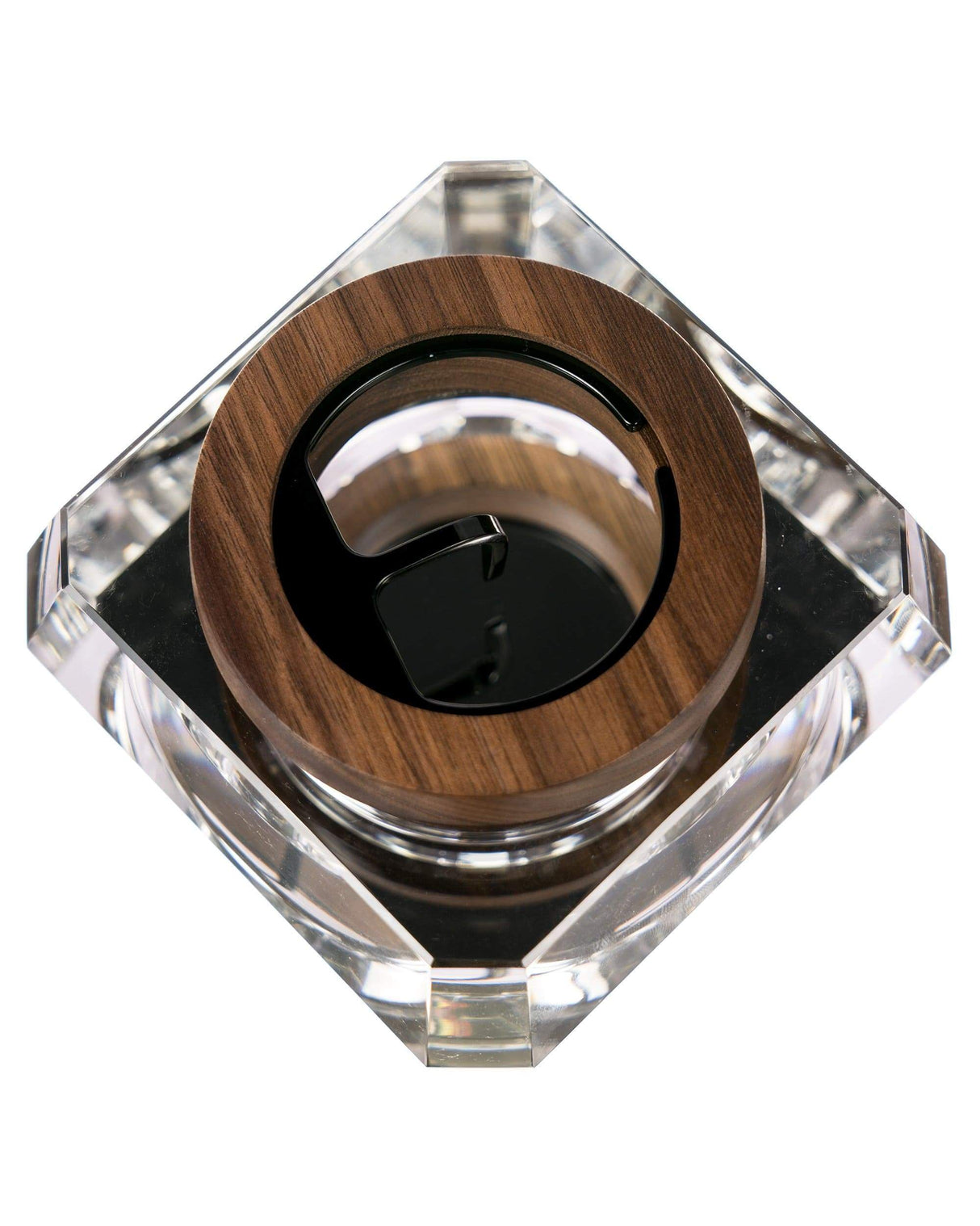 Marley Natural Crystal Ashtray top view, clear borosilicate glass with wooden accent