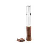 Marley Natural Steamroller hand pipe, clear borosilicate glass with wood accents, front view on white background