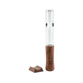 Marley Natural Steamroller hand pipe, clear borosilicate glass with wood accents, front view on white background