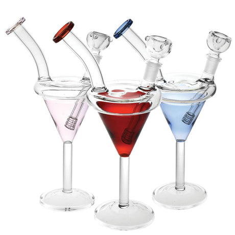 Trio of Martini Glass Water Pipes in Pink, Red, and Blue with 14mm Female Joint, Front View