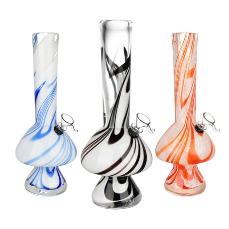 Marvelous Mushroom Soft Glass Water Pipes - 12 inch, in blue, black, and orange swirl designs, front view