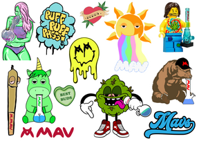 MAV Beaker Sticker Pack showcasing a variety of colorful vinyl stickers with cannabis-themed designs