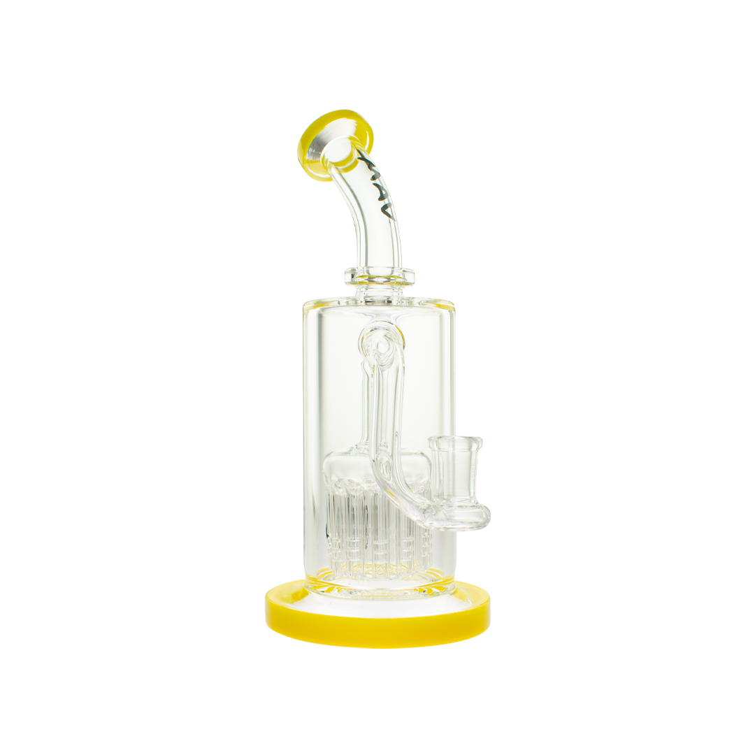 MAV Glass 12 Arms Sycamore Tree Perc 2.0 Bong in Yellow, Side View on White Background