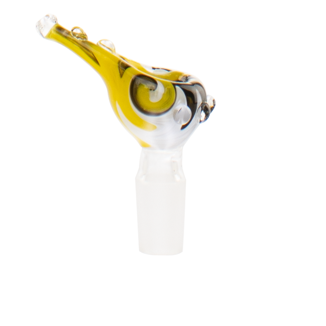 MAV Glass 14mm Yellow Goldfinch Horn Bowl for Bongs, Male Joint, Angled Side View