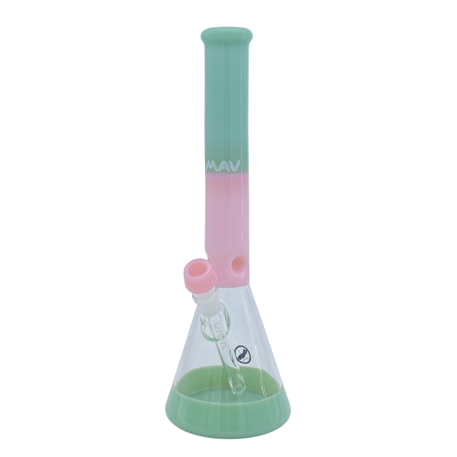 MAV Glass 15" Seafoam & Pink Beaker Bong, 5mm thick, front view on white background