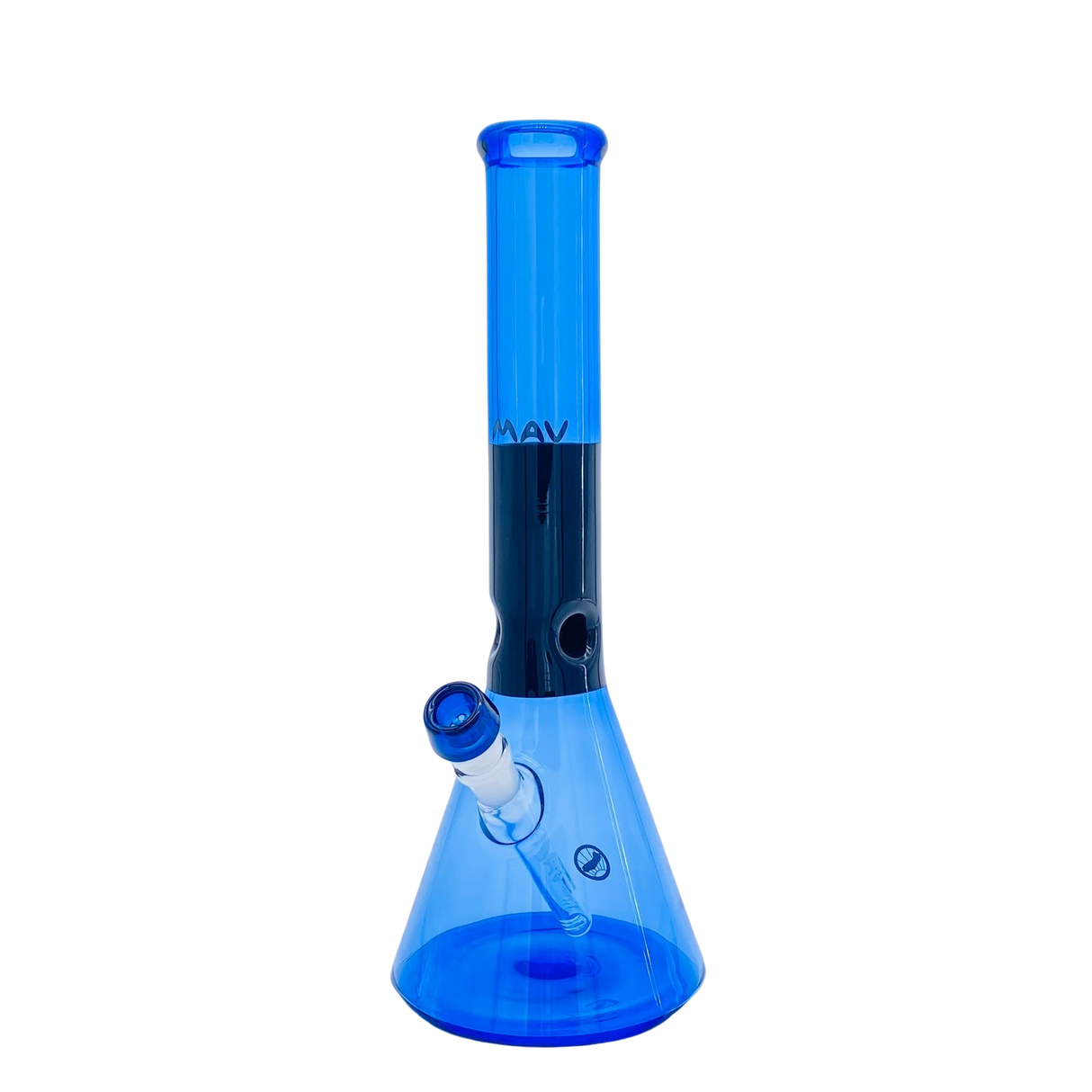 MAV Glass 15" Beaker Bong in Black & Blue with 5mm thickness and clear down stem, front view