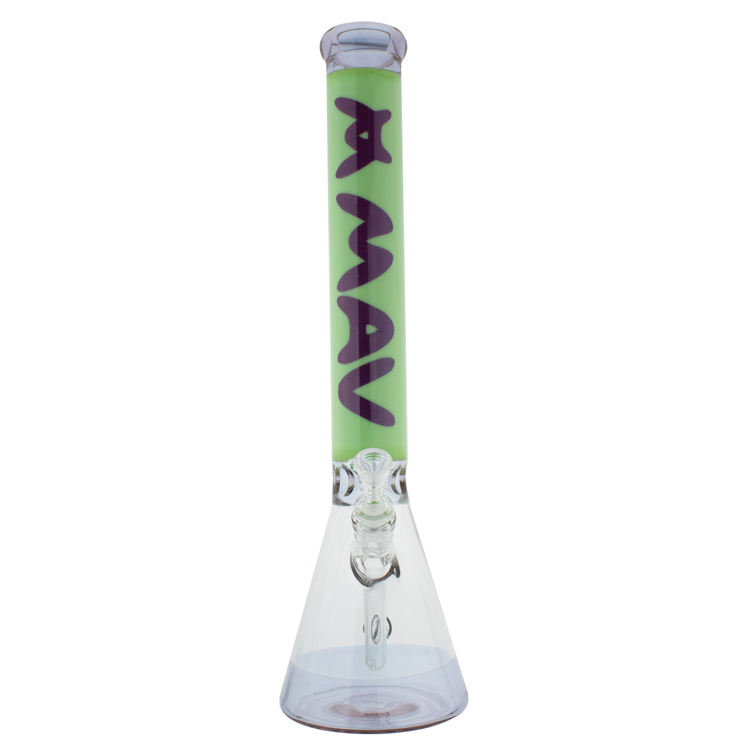 MAV Glass 18" Hermosa Beaker Bong in Purple and Slime, front view on a seamless white background