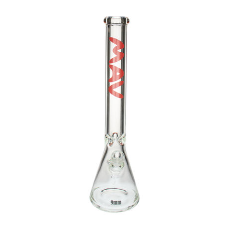 MAV Glass 18" Red Logo Beaker Bong, 9mm Thick Heavy Wall, Front View on White Background