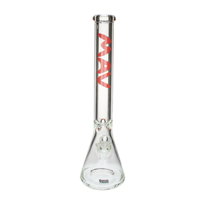 MAV Glass 18" Red Logo Beaker Bong, 9mm Thick Heavy Wall, Front View on White Background