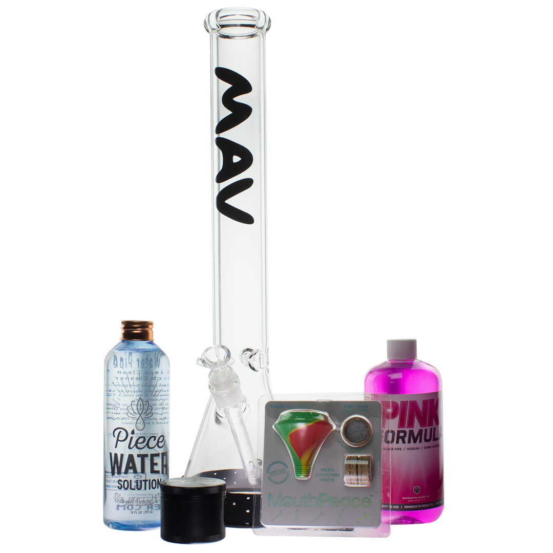 MAV Glass 420 Bundle featuring Beaker Bong, Steel Accessories, and Cleaning Solutions