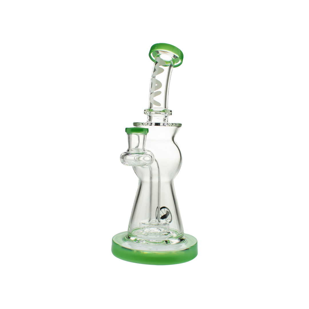MAV Glass Beam Puck Perc Bent Neck Rig in Forest Green, Front View, 10" Tall with 14mm Joint