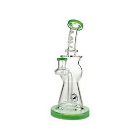 MAV Glass Beam Puck Perc Bent Neck Rig in Forest Green, Front View, 10" Tall with 14mm Joint