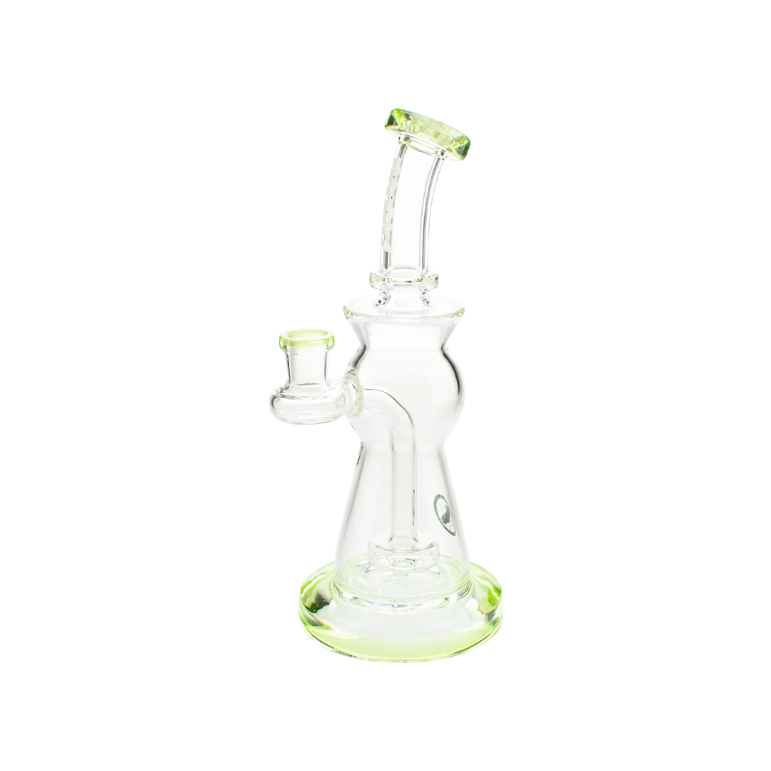 MAV Glass Beam Puck Perc Bent Neck Rig with clear glass and green accents, front view on white background