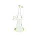 MAV Glass Beam Puck Perc Bent Neck Rig with clear glass and green accents, front view on white background