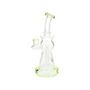 MAV Glass Beam Puck Perc Bent Neck Rig with clear glass and green accents, front view on white background