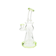 MAV Glass Beam Puck Perc Bent Neck Rig with clear glass and green accents, front view on white background