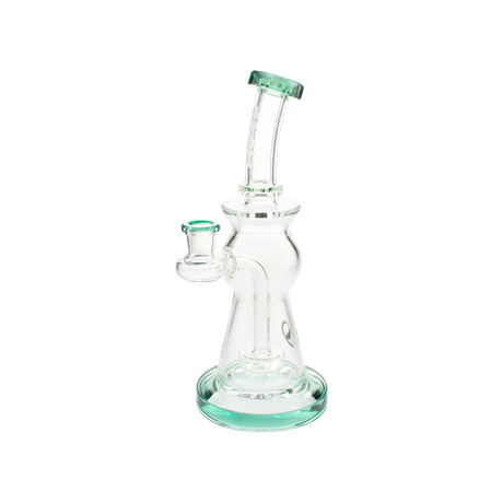 MAV Glass Beam Puck Perc Bent Neck Rig in Teal, 10" Tall, 14mm Joint, Front View
