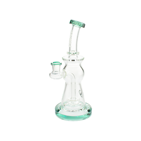 MAV Glass Beam Puck Perc Bent Neck Rig in Teal, 10" Tall, 14mm Joint, Front View