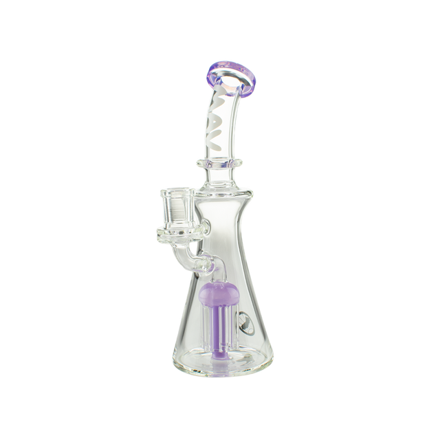 MAV Glass Bent Neck Jellyfish Rig in Purple with Tree Percolator, 9" Height, Front View