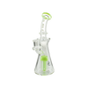 MAV Glass Bent Neck Jellyfish Rig in Slime variant, 9" tall with tree percolator, front view on white background
