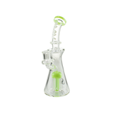 MAV Glass Bent Neck Jellyfish Rig in Slime variant, 9" tall with tree percolator, front view on white background