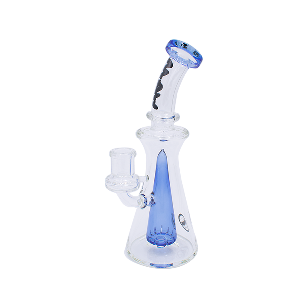 MAV Glass Bent Neck Long Pyramid Rig in Blue, 9" Tall with 14mm Joint, Front View