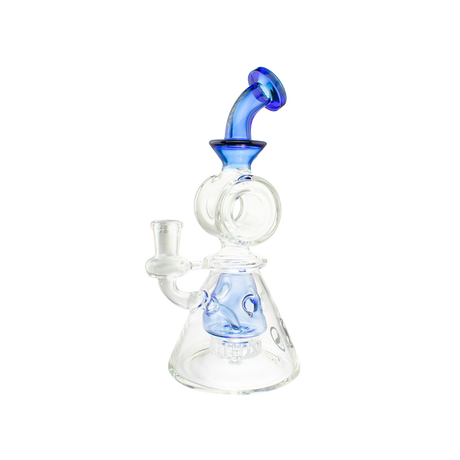 MAV Glass Bent Neck Showerhead Swiss Pyramid Bong in Ink Blue with Beaker Design, Front View