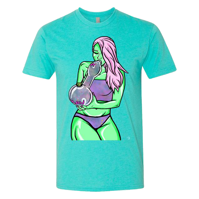 MAV Glass Big Pipe Smoker Girl T-shirt in blue with vibrant spoon design, front view on white background