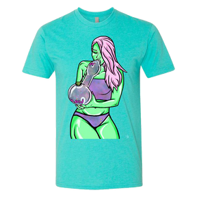 MAV Glass Big Pipe Smoker Girl T-shirt in blue with vibrant spoon design, front view on white background