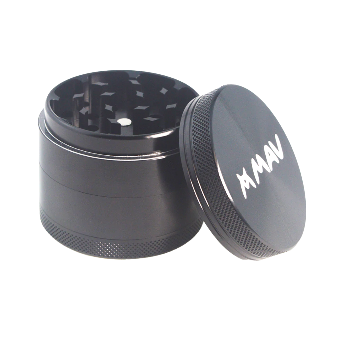 MAV Glass Black 4-Piece Aluminum Grinder for Concentrates, 2" x 1.8", Front View