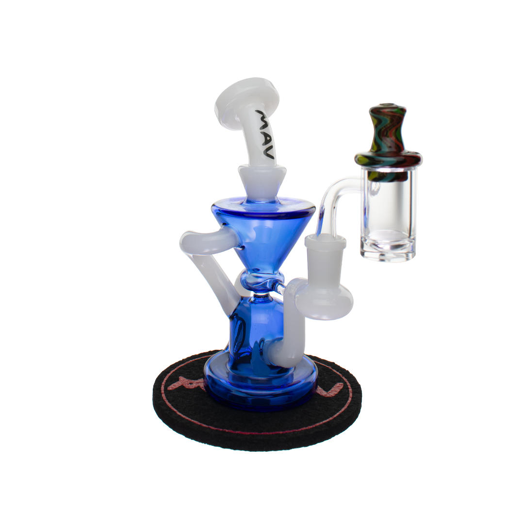 MAV Glass Blue Mini Humboldt Dab Rig with Banger and Carb Cap on Mood Mat