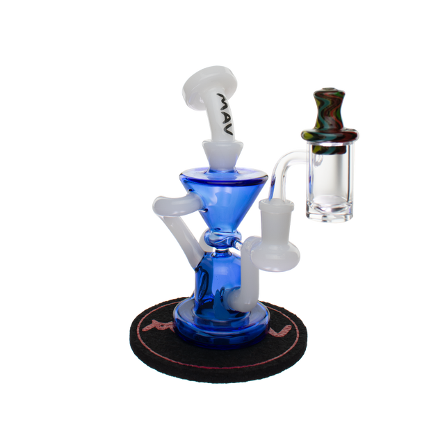 MAV Glass Blue Mini Humboldt Dab Rig with Banger and Carb Cap on Mood Mat