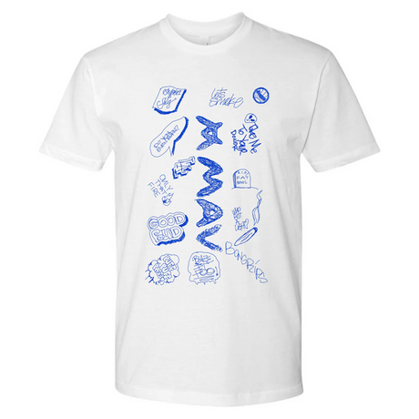 MAV Glass Doodle T-Shirt with blue artistic spoon designs, front view on a white background
