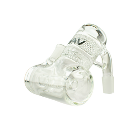 MAV Glass Double Honey Disc Inline Ash Catcher at 45° angle for bongs, clear glass side view