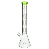 MAV Glass Double Ufo Beaker Bong with clear design and green accents, front view on white background
