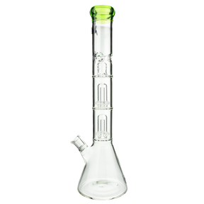 MAV Glass Double Ufo Beaker Bong with clear design and green accents, front view on white background