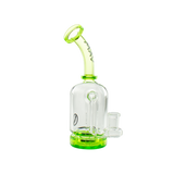 MAV Glass Dropdown Can Rig with clear beaker design and green accents, glass on glass joint, side view