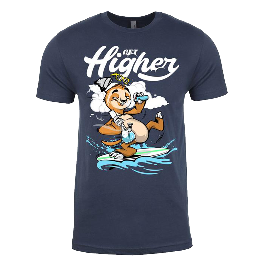 MAV Glass Get Higher Surfer Sloth T-Shirt in blue, featuring a cartoon sloth graphic design