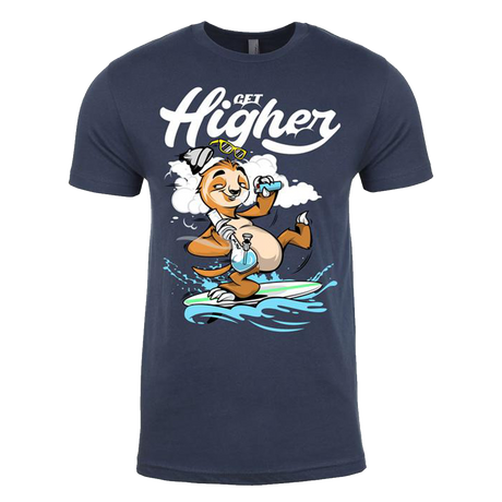 MAV Glass Get Higher Surfer Sloth T-Shirt in blue, featuring a cartoon sloth graphic design