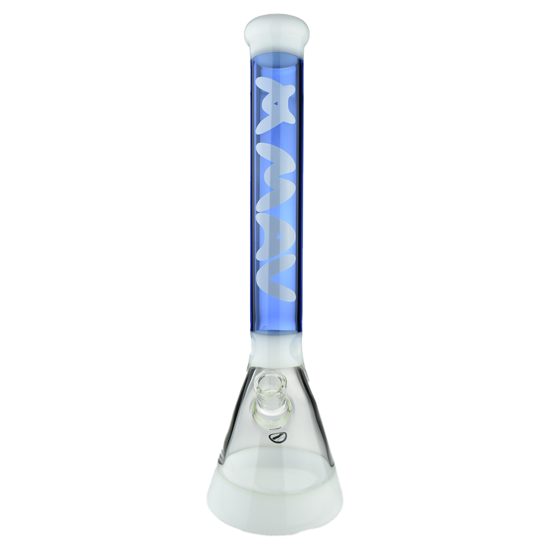 MAV Glass - Hermosa Beaker Bong 18'' in Blue/White, Front View with Clear Glass Downstem