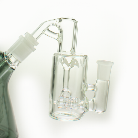 MAV Glass Inline Recycling Ash Catcher 14mm/45° with clear percolator, side view on white background
