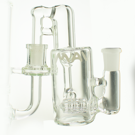 MAV Glass Inline Recycling Ash Catcher 14mm/90° with clear percolator, front view on white background