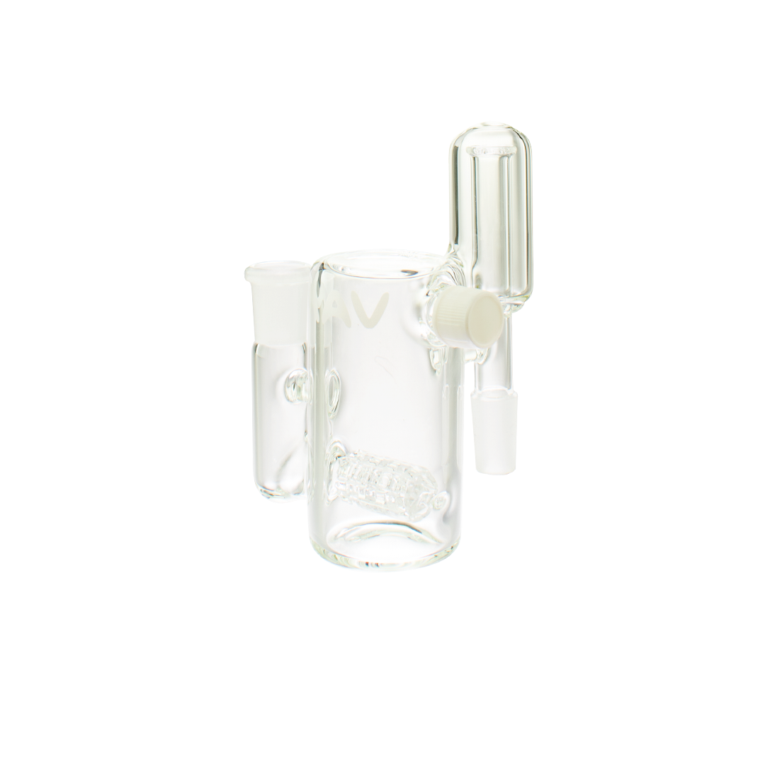MAV Glass Inline Splashproof Ash Catcher 14mm/90° with clear percolator, front view on white background