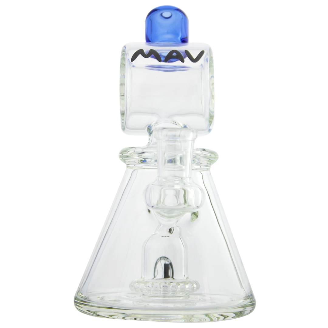 MAV Glass Beaker Bong with Blue Barrel Top Pyramid UFO Design, Front View, for Dry Herbs