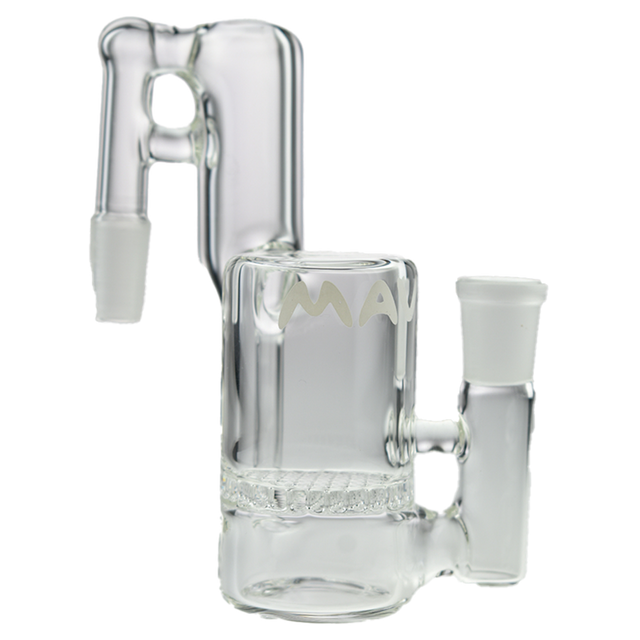 MAV Glass Honeycomb Recycling Ash Catcher 14mm 90 Degree, clear glass with MAV logo