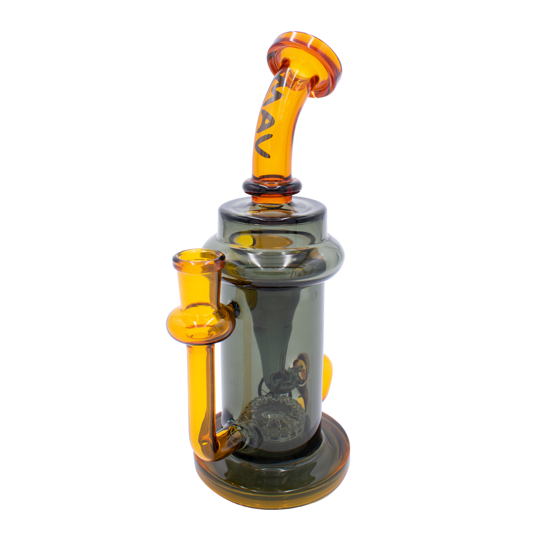 MAV Glass Monterey Recycler Dab Rig in Black & Gold with Vortex Percolator - Angled View