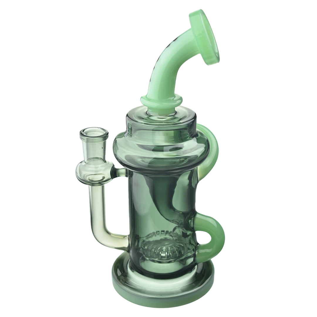 MAV Glass Monterey Recycler Dab Rig in Seafoam & Black with Vortex Percolator, 8.25" tall, 14mm joint - Front View