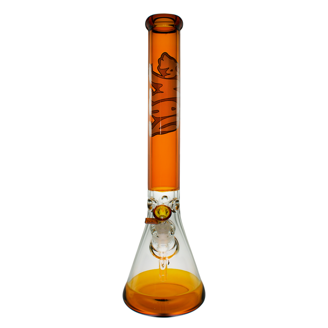 MAV Glass 18" Full Color Beaker Bong in Full Golden Bear variant, front view on white background