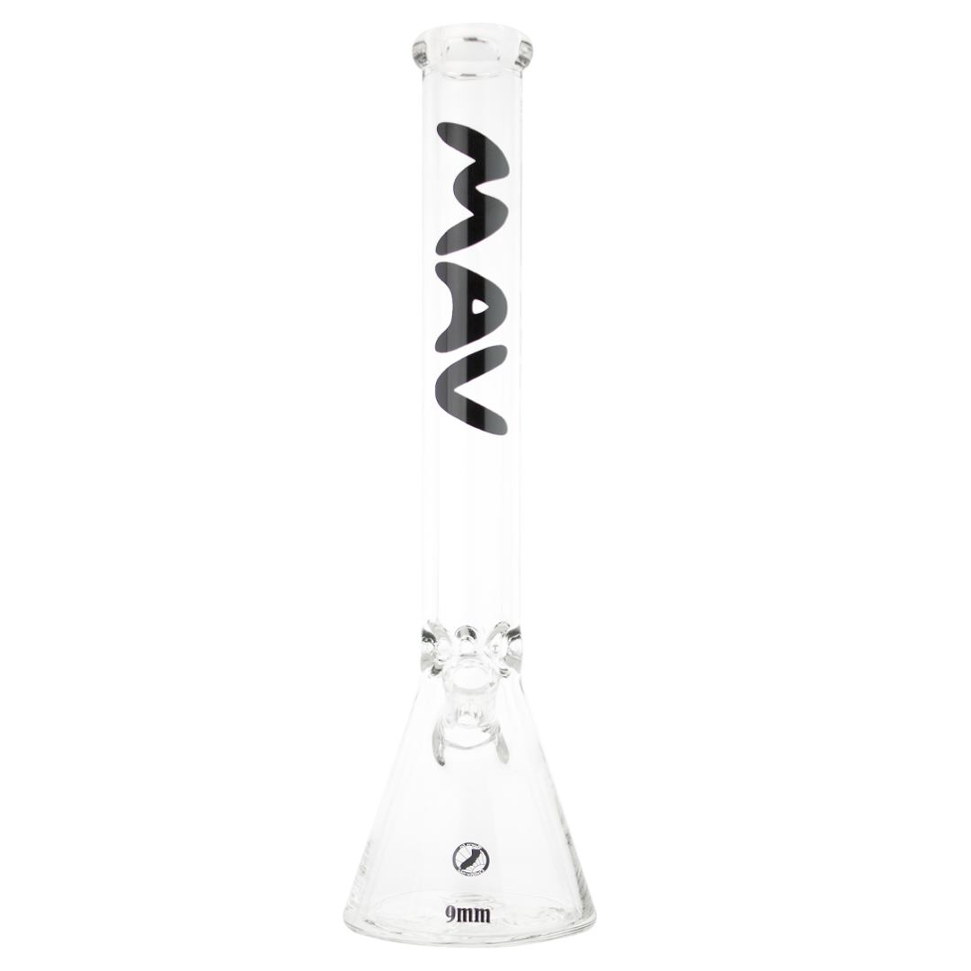 MAV Glass 18" Beaker Bong in Black, 9mm Thick Heavy Wall, Front View on White Background